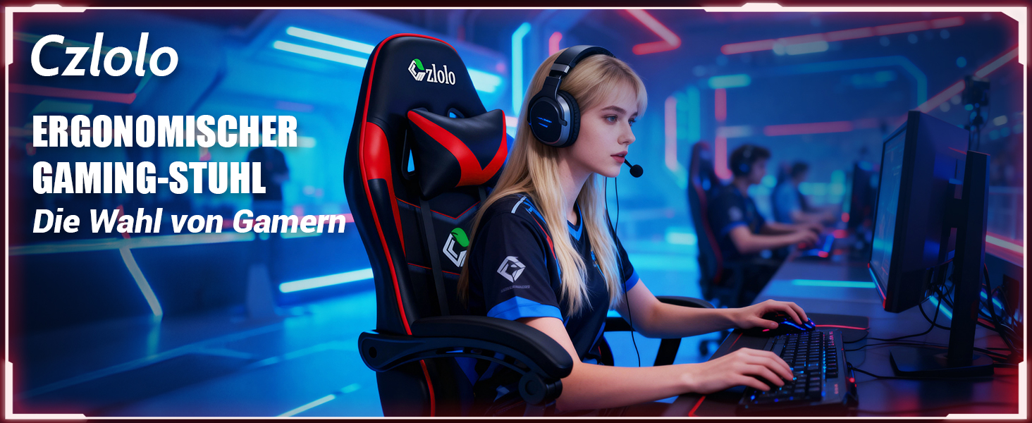 Der Text lautet „Czlolo“ und „ERGONOMISCHER GAMING STUHL“. Marketingbanner, das ein Gaming-Setup mit blauer Beleuchtung und Gaming-Stuhl zeigt.