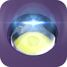 Spherical device with glowing blue light on top and yellow illumination inside, set against a purple background.