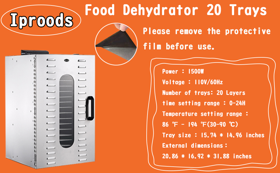 Iproods Food Dehydrator Machine 20 Stainless Steel Trays, Large Capacity Commercial Dryer