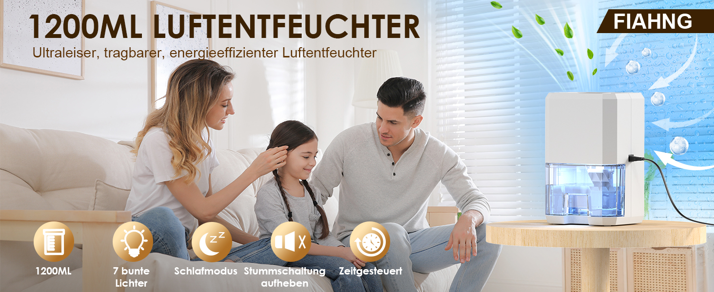 FIAHNG Dehumidifier, 1200 ml, Electric Dehumidifier, Ultra Quiet