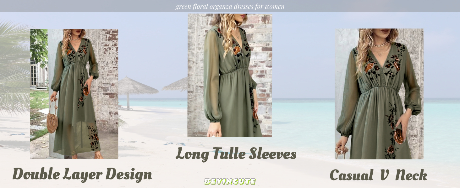 green floral organza dresses for women