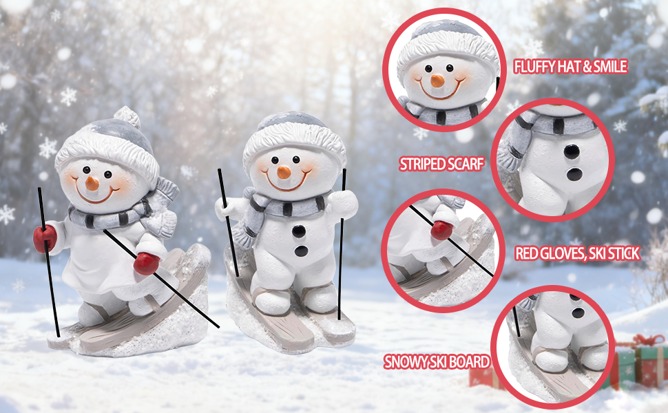 Two Snowmen Skiing Resin Figurines