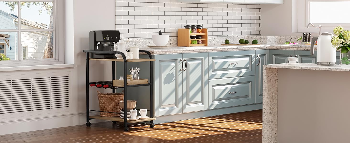 WOLTU Carrello Da Cucina. Scaffale Da Cucina Con 4 Ruote. Carrello Salvaspazio A 3 Livelli. Con Portabottiglie E Ripiano Rimovibile. In Legno E Metallo. Venature Di Legno Chiaro E Nero 10 DINING CAR