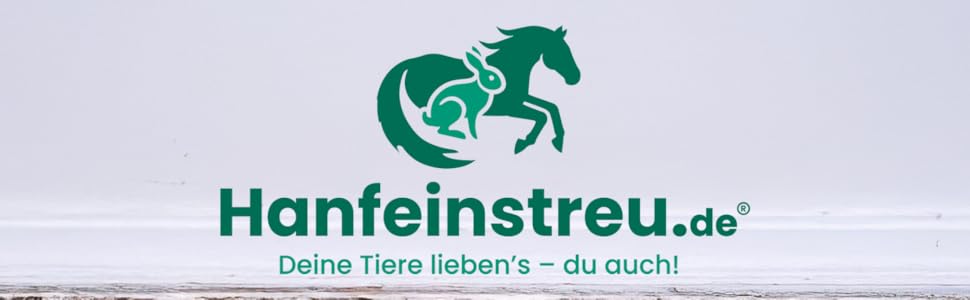 -Logo mit einer grünen Silhouette eines Pferdes und eines kleineren Tieres darin. Der Text lautet „Hanfeinstreu.de“ mit dem Slogan „Deine Tiere lieben's - du auch!“