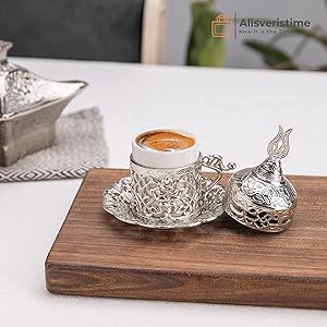 Silver Coffee Set, Durable Zamac, Porcelain Cups, Traditional Motifs, Long-lasting