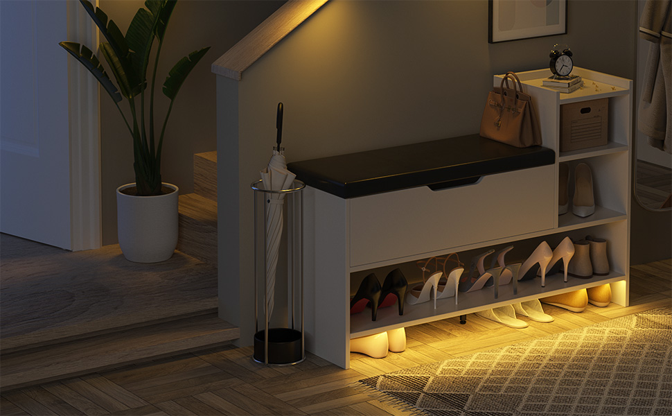 Maupvit Entryway Bench with Shoe Storage, Sensor LED