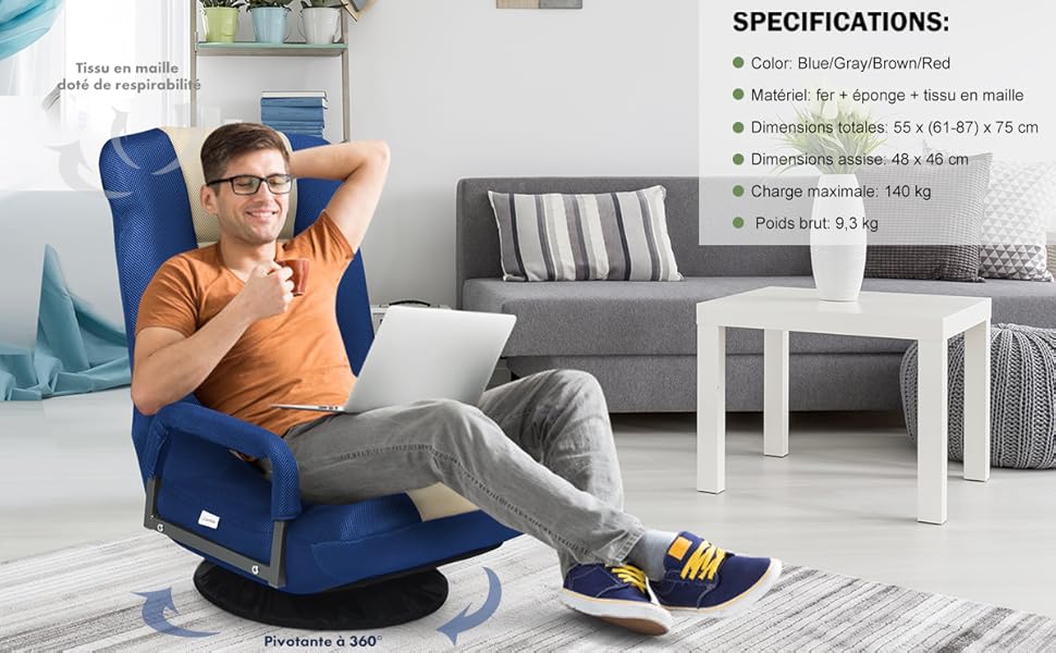 RELAX4LIFE Fauteuil Inclinables Pivotante à 360° Pliante Avec Accoudoirs, Chaise Rembourrée Inclinable En 5 Positions Pour Travailler, Jouer Idéal Pour Salon, Chambre, Bureau (Brun) 14 1