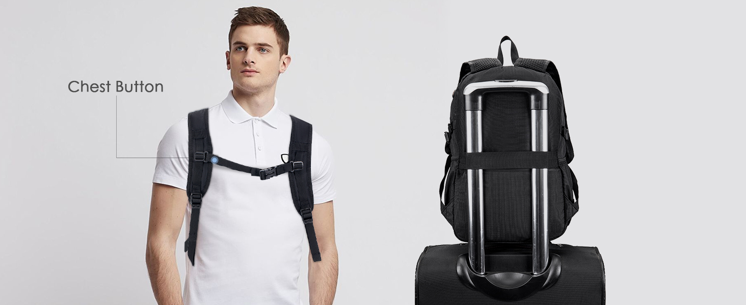 avec fermeture à boutons est illustré par une personne portant un polo blanc. Sac à dos noir avec bandes réfléchissantes affichées sur la poignée du bagage.