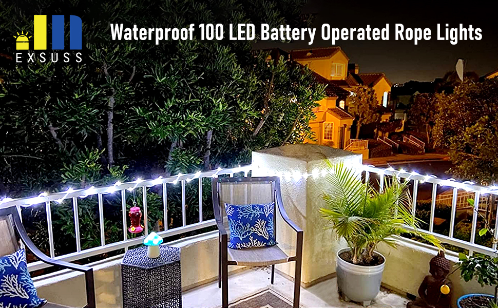 JMEXSUSS 100 LED Battery Operated Rope Lights Outdoor Waterproof, 33ft 8Mode Battery