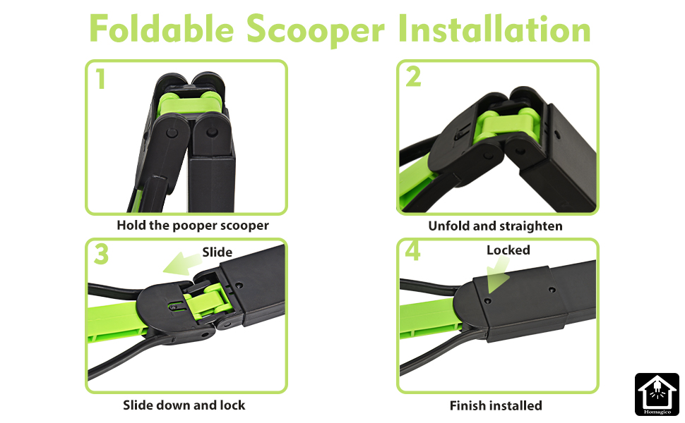 Guía de instalación paso a paso para una pala plegable, que muestra cuatro etapas: posición de sujeción, despliegue, mecanismo de deslizamiento y posición final de bloqueo con