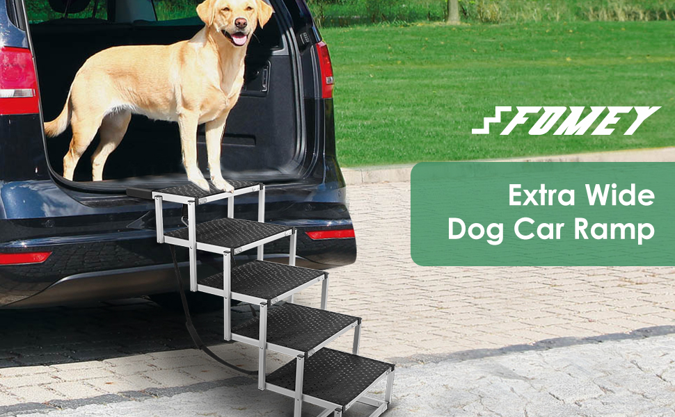 Fomey Dog Car Ramp, 5 Step Pet Stairs Foldable Dog Steps for Car SUV Trucks Aluminum Lightweight