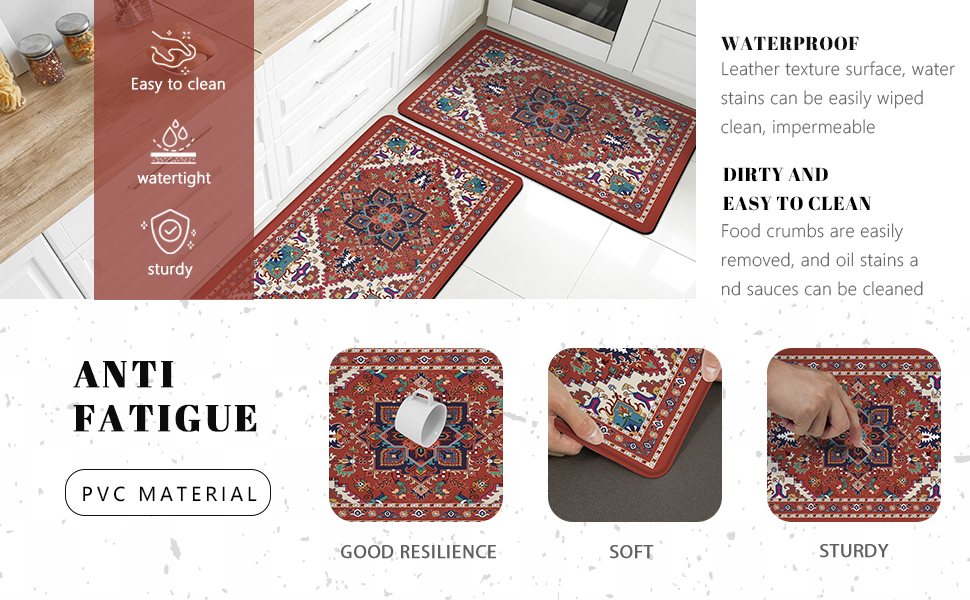 Red Boho Kitchen Rugs 0.4 Inch Anti Fatigue Foam Cushioned