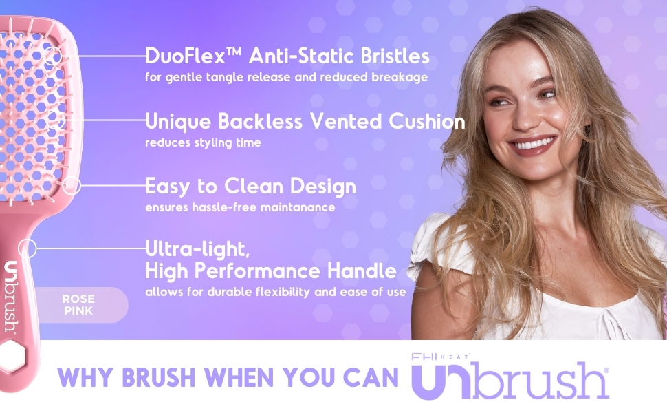 The UNbrush has anti-static bristles, backless cushion, easy to clean, and ultra-light.
