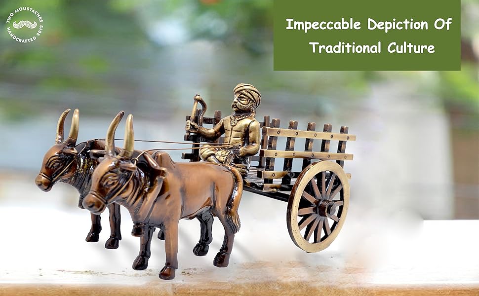 BEOVEND | Two Moustaches Vintage Bullock Cart Design Brass Decor Showpiece, 1.8 Kg, 9 Inches, Multicolored, Standard