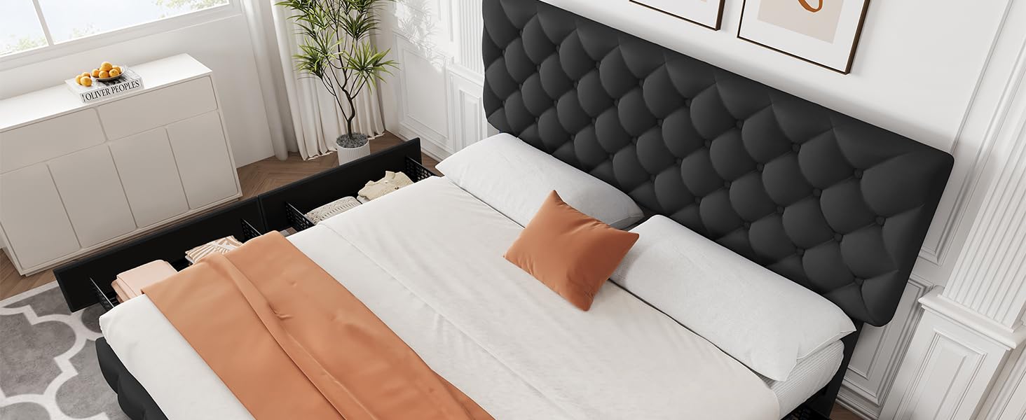 IDEALHOUSE King Size Bed Frame with 4 Storage Drawers