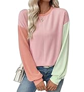 EVALESS Womens Long Sleeve Tops Fall Fashion 2025 Crewneck Color Block Ribbed Knit Casual Loose F...