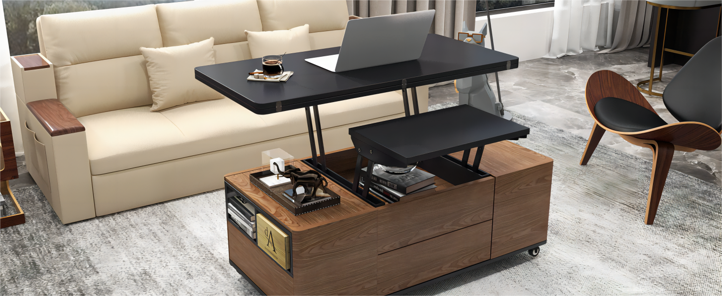 Two Separate Lift Leaves Table, Storage Coffee Table with Drawers