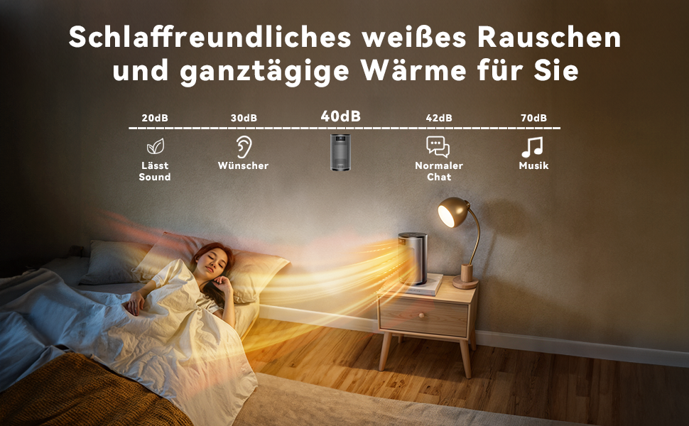 Werbung für Schlafhilfegeräte mit beleuchteter Schlafzimmerszene mit Symbolen, die auf Ton-, Timer- und Temperatursteuerungsfunktionen hinweisen.