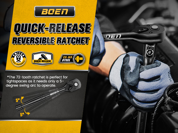 boen 3/8 Inch Drive Ratchet, 72-Tooth Quick-Release Ratchet