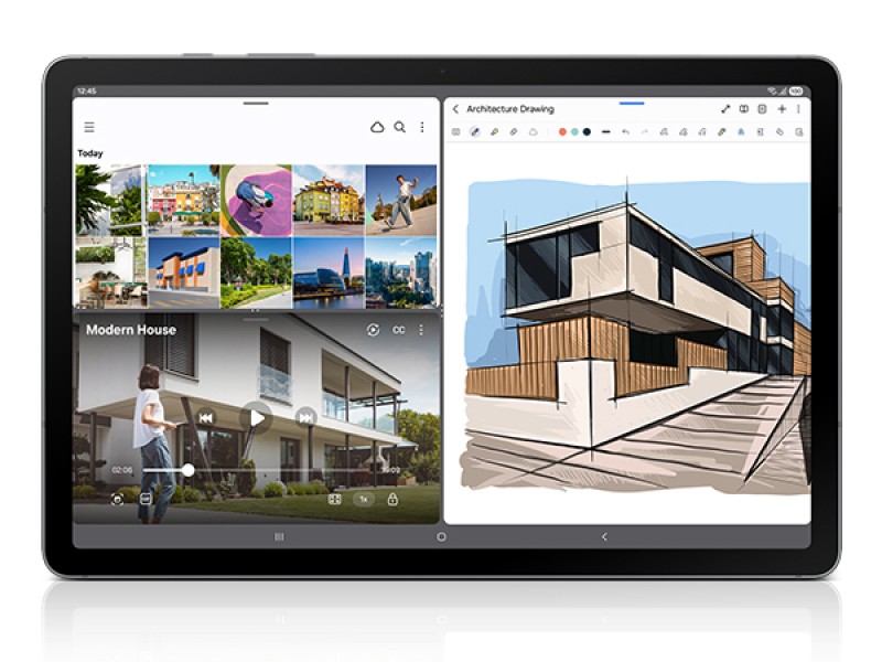 Multiple views of architectural designs shown on tablet screens, featuring modern house exteriors and 3D renderings.