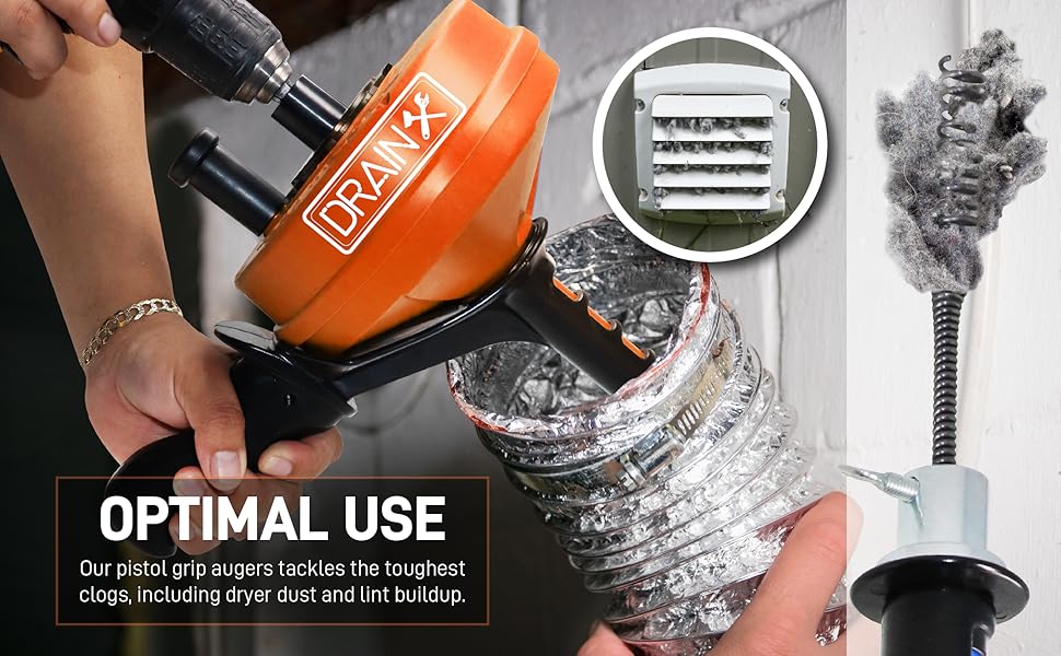 DrainX Power Pistol Grip Drum Auger 25 ft Drain Snake 1/4" Dia Cleans