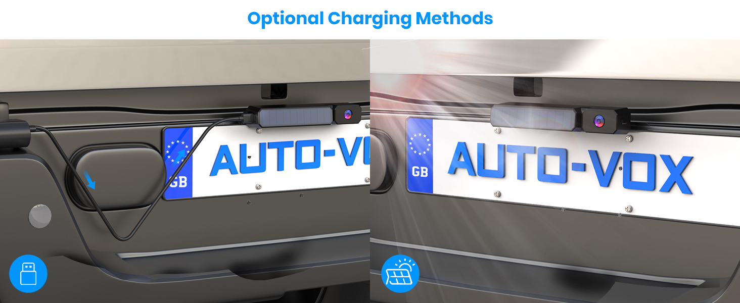 Split image showing two charging methods for a device. Left panel displays a USB symbol, right panel shows a wireless charging icon. Both panels feature 'AUTO-VOX' text on a blue background.