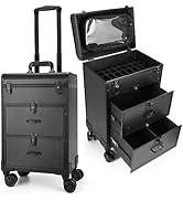 Yokilly Rolling Makeup Train Case, Professional Cosmetology Case on Wheels, Aluminum Cosmetic Tro...