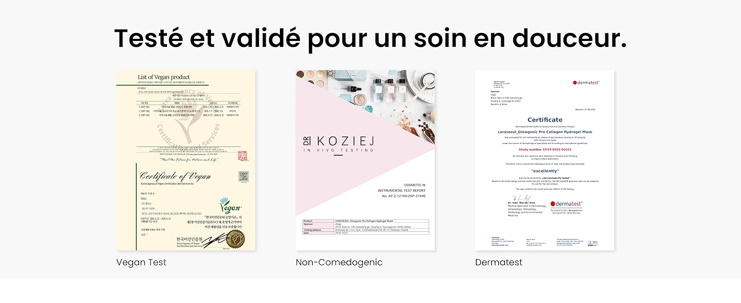 Le texte se lit comme suit : « Test et valide pour un soin en douceur ». Plusieurs échantillons de texte manuscrit affichés sur divers documents papier disposés selon une disposition en grille.