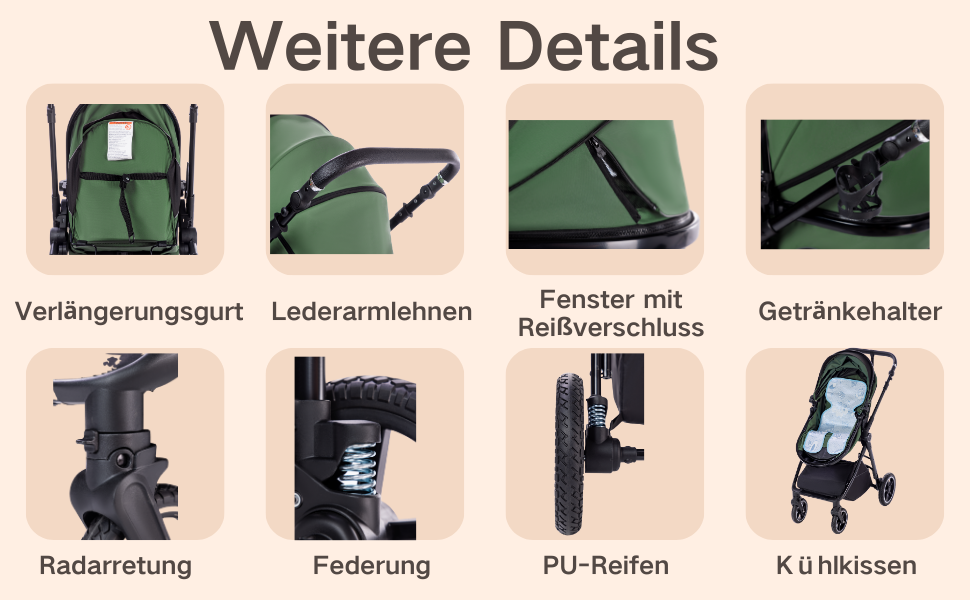Text reads 'Weitere Details'. Product details showing various components including extension straps, armrests, window attachments, and drink holders for what appears to be outdoor furniture.