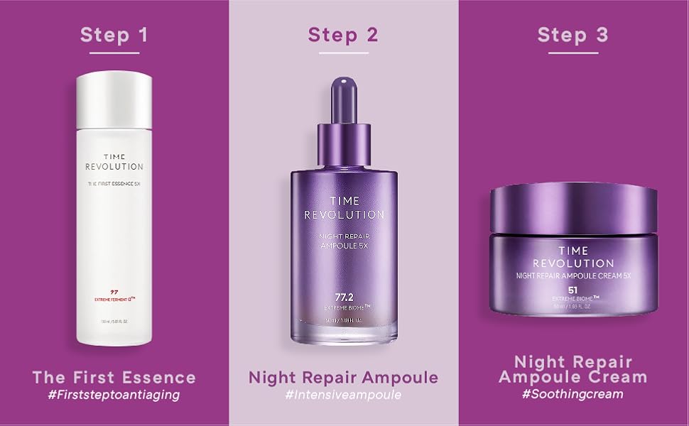 The three-step routine for The First Essence, Night Repair Ampoule, and Night Repair Ampoule Cream.