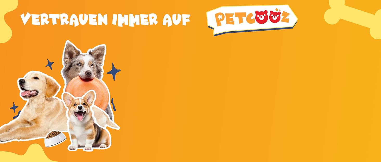 Leuchtend orangefarbene Werbung mit drei Hunden: einem Golden Retriever, einem Terrier und einer kleinen Rasse. Text in deutscher Sprache und ein Logo sind sichtbar.