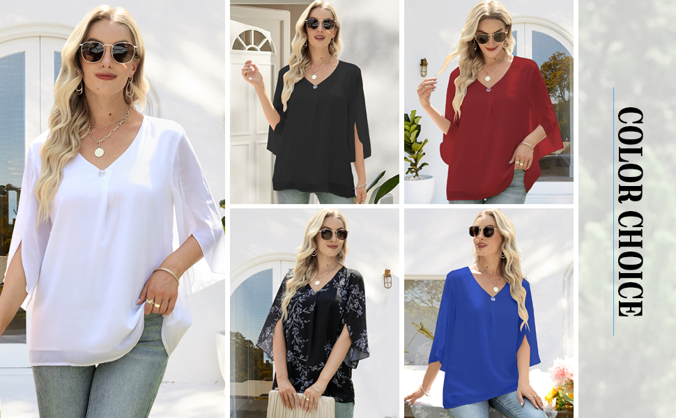 Womens Business Casual Tops V Neck Ruffle Split Sleeve Chiffon Blouses Loose Tunic Dressy Shirts