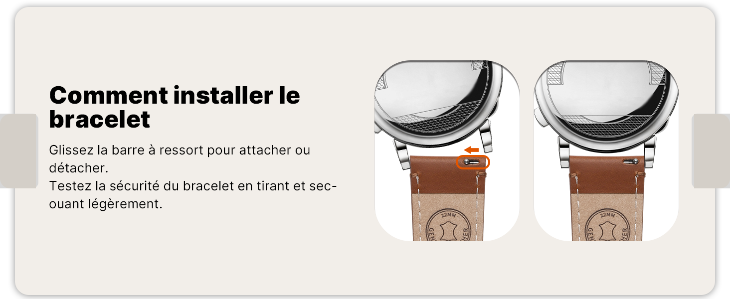 Le texte se lit comme suit : « Comment installer le bracelet ». Schéma d'instructions montrant deux composants identiques de la montre ou du bracelet avec texte en français.