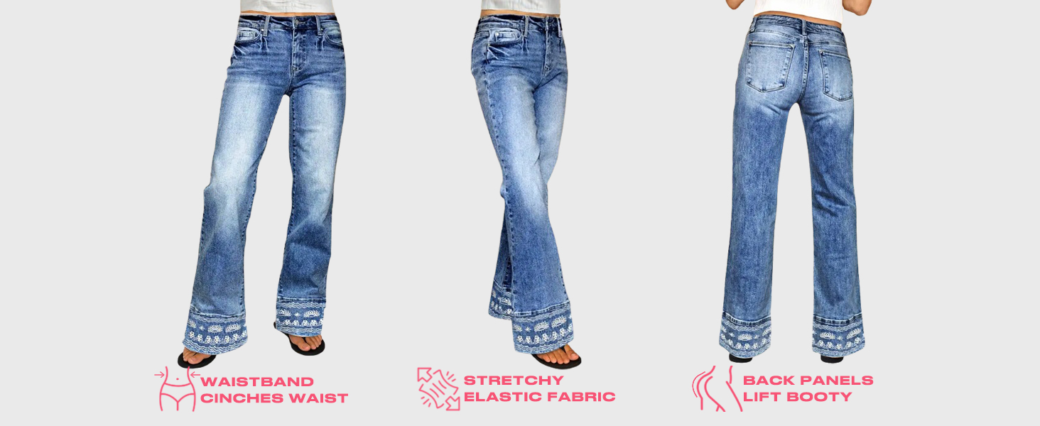 Flamingals Mid Rise Bootcut Jeans for Women with Embroidery Hem
