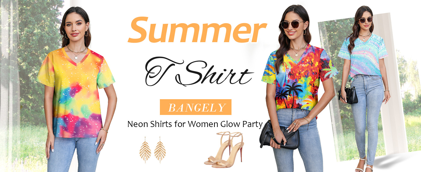 Women Tie Dye V-Neck Shirts Summer neon Tshirt