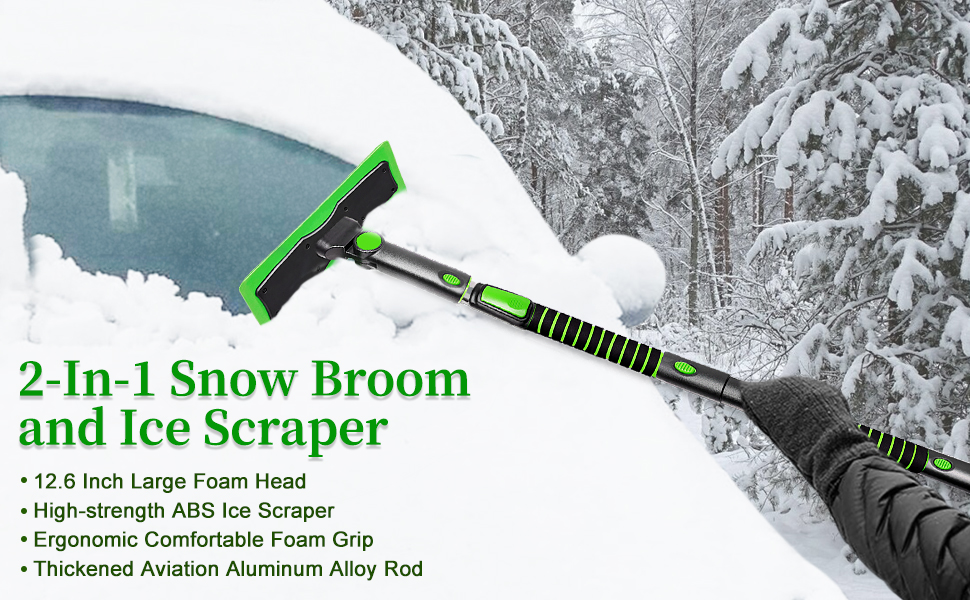 SEAAES 51 Inch Snow Broom and Ice Scraper for Windshield, Extendable Snow Brush with Foam Grip