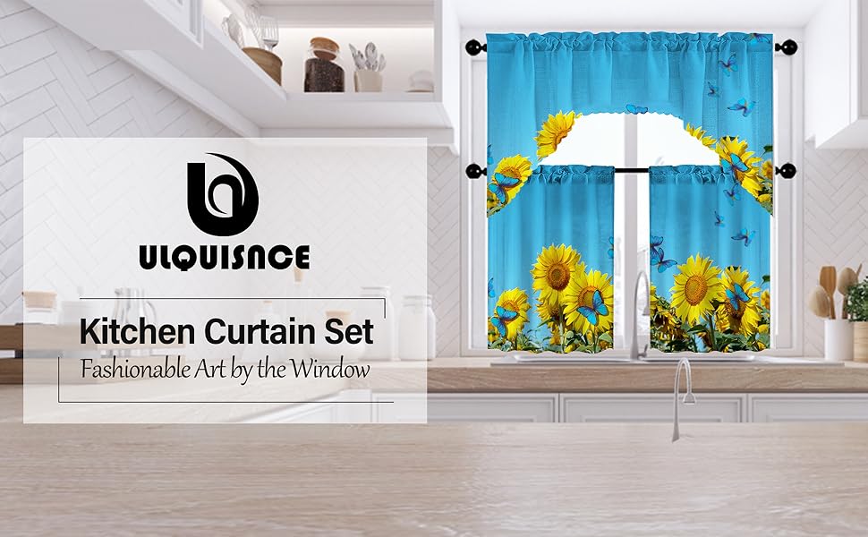 ULQUISNCE 3pc Sunflowers Kitchen Curtains Sets for Windows