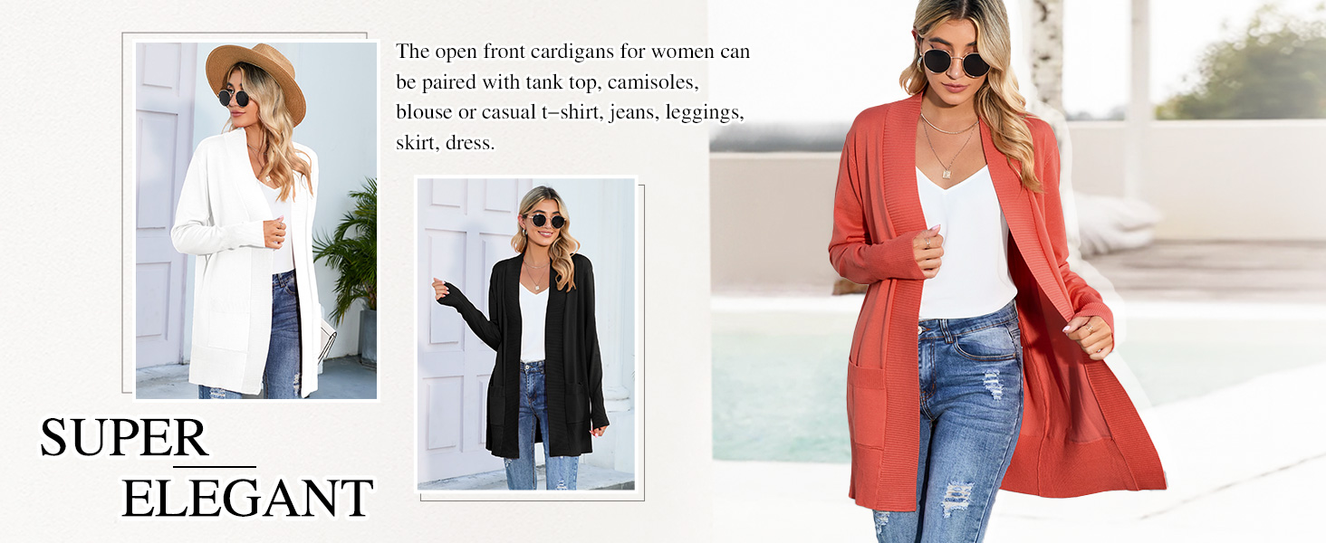 Women's Long Sleeve Soft Knit Sweater Open Front Cardigan Outwear with Pockets