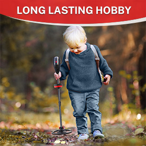 Young child in blue clothing using a metal detector outdoors. Text overlay reads 'LONG LASTING HOBBY'.