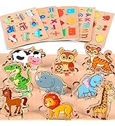 Set di puzzle in legno con animali da safari tra cui leone, giraffa, elefante e cavallo. Accompagnato da carte abbinate illustrate con disegni colorati.