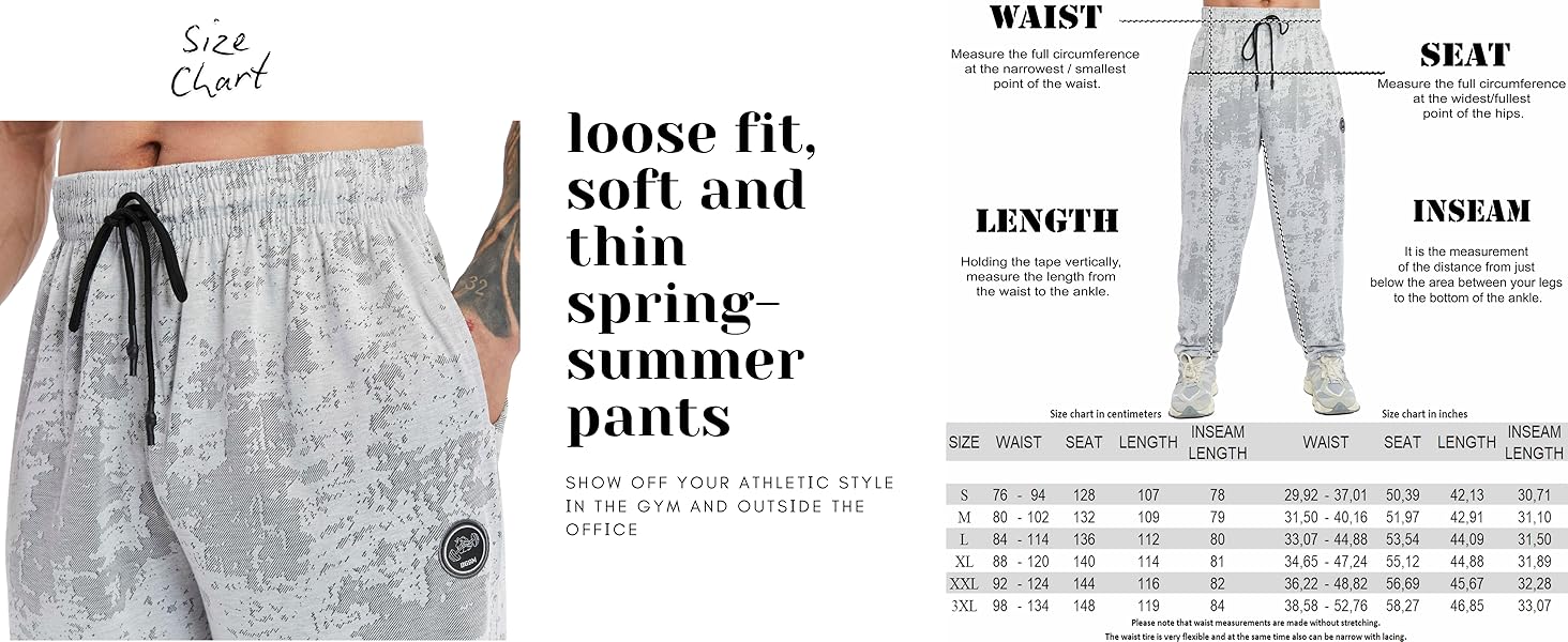 mens loose fit baggy sweatpants size chart and detail image 