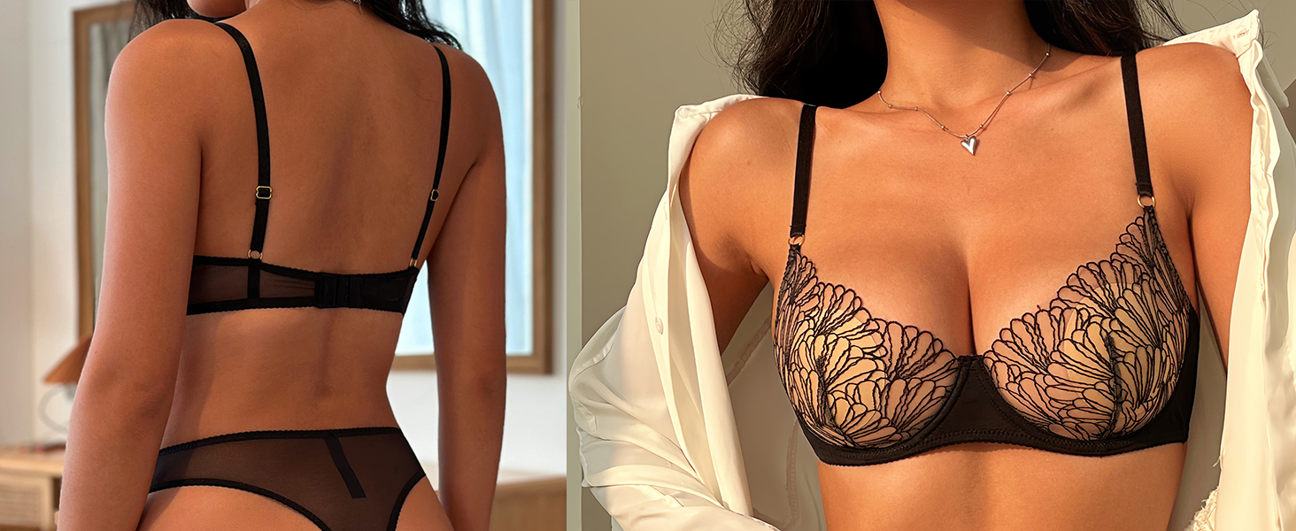 Sexy Lingerie for Women 2 Piece Lace Embroidered Mesh Sheer Lingerie Set See Through Panty Bra
