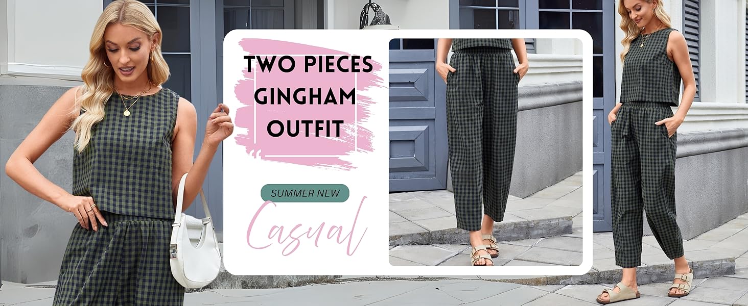 Two-piece gingham outfit featuring a sleeveless top and wide-leg pants in dark green and white check pattern. Styled with white accessories for a casual look.