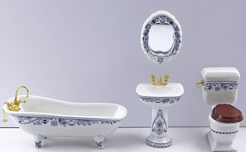 ドールハウス ミニチュア リーメント●陶器製 トイレ 洗面台●棚 鏡 ヒーター ドールハウス ミニチュア リーメント○陶器製 トイレ 洗面台○棚