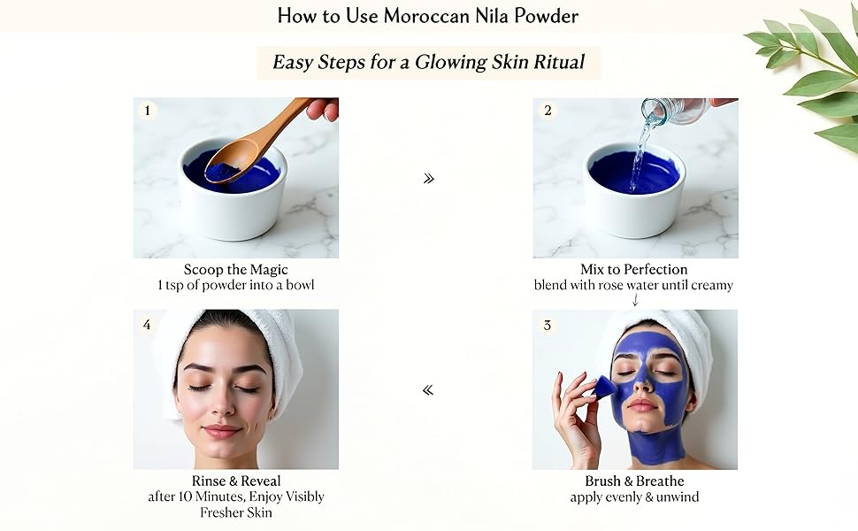 Step by step showing Nila blue powder mixed with rose water and applied as face mask