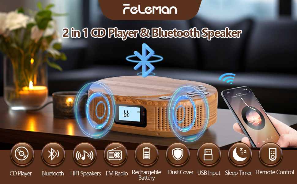 FELEMAN 2 in 1 CD Player & Bluetooth Speaker