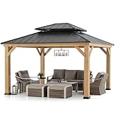 SUNJOY 11 x 13 ft. Wood Gazebo Cedar Framed Gaezbos with Black Double Steel Hardtop Roof for Gard...