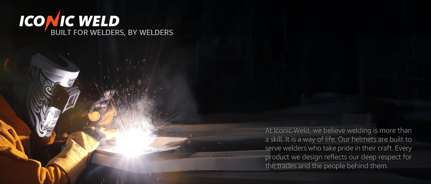 Welder using Iconic Weld helmet while working with sparks flying.