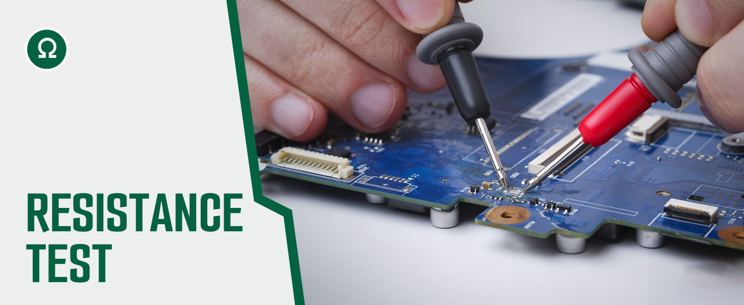 Electronic circuit board undergoing resistance testing with red and black multimeter probes. Text overlay reads 'RESISTANCE TEST'.