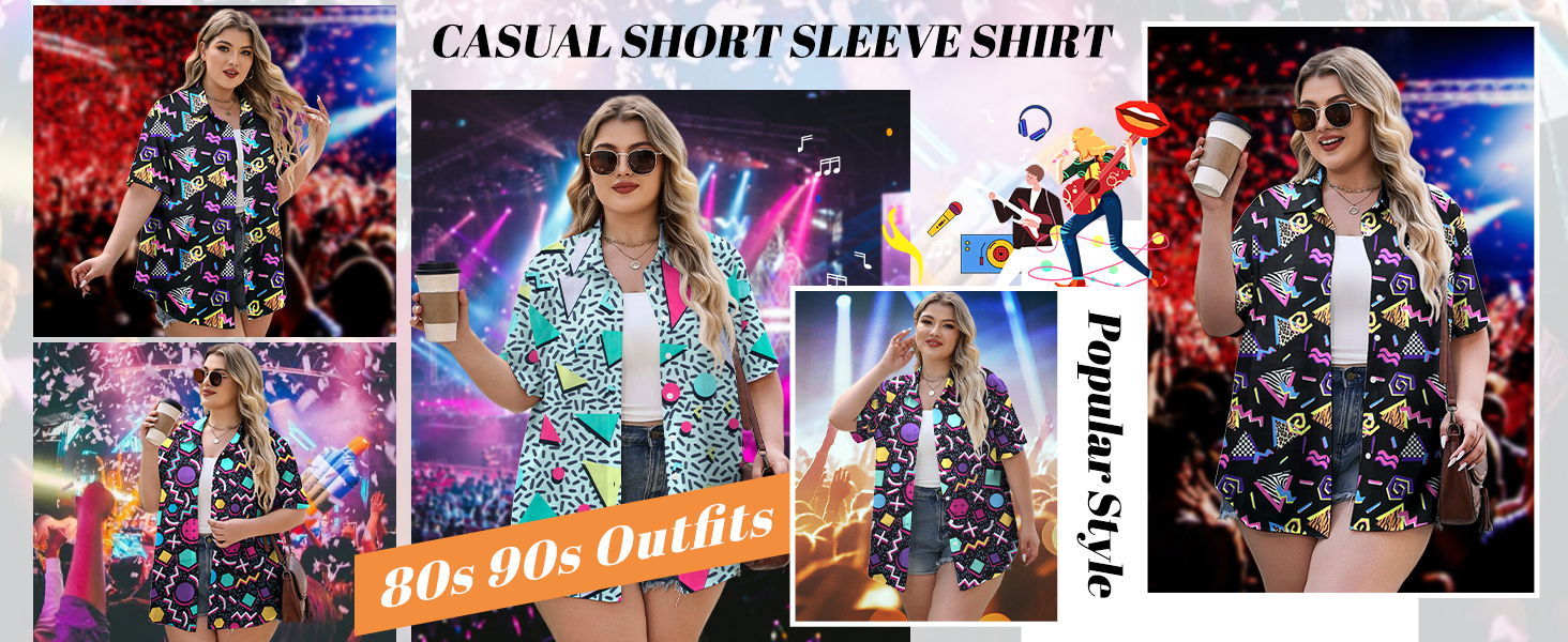 Plus Size 80s 90s Outfits for Women 90s Theme Disco Shirt 80s Hawaiian T-Shirt Retro Neon shirt